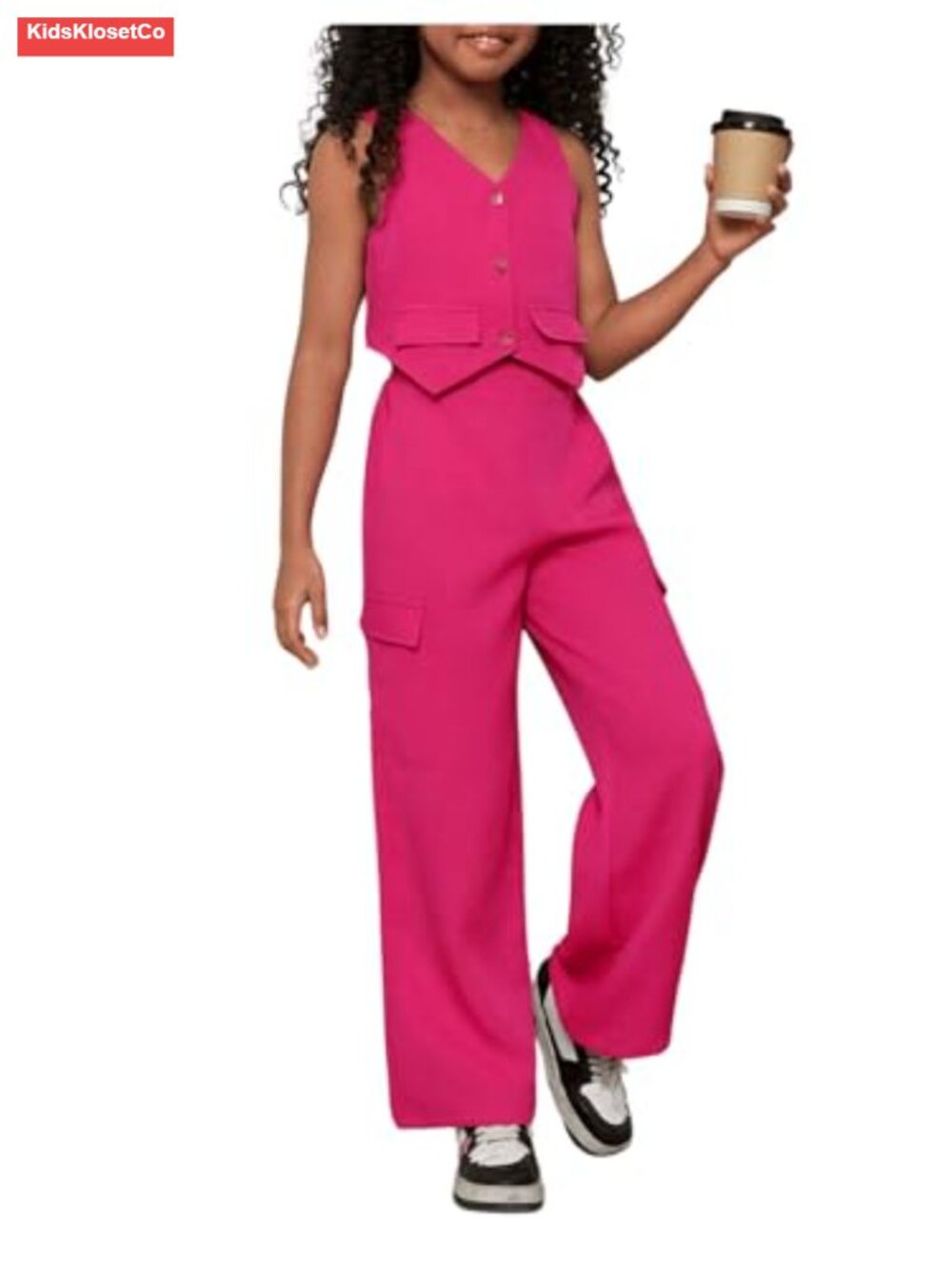 Girls Two Piece Set Button Up Waistcoat Vest Cargo Pants Outfit